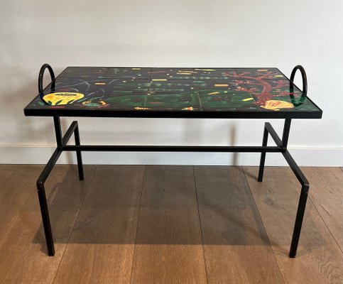 Black and Ceramic Lacquered Metal Coffee Table in the style of Jacques Adnet, 1950s-BA-1622470