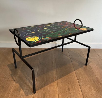 Black and Ceramic Lacquered Metal Coffee Table in the style of Jacques Adnet, 1950s-BA-1622470