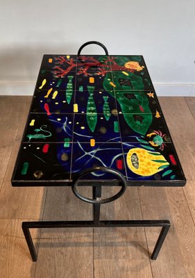 Black and Ceramic Lacquered Metal Coffee Table in the style of Jacques Adnet, 1950s-BA-1622470