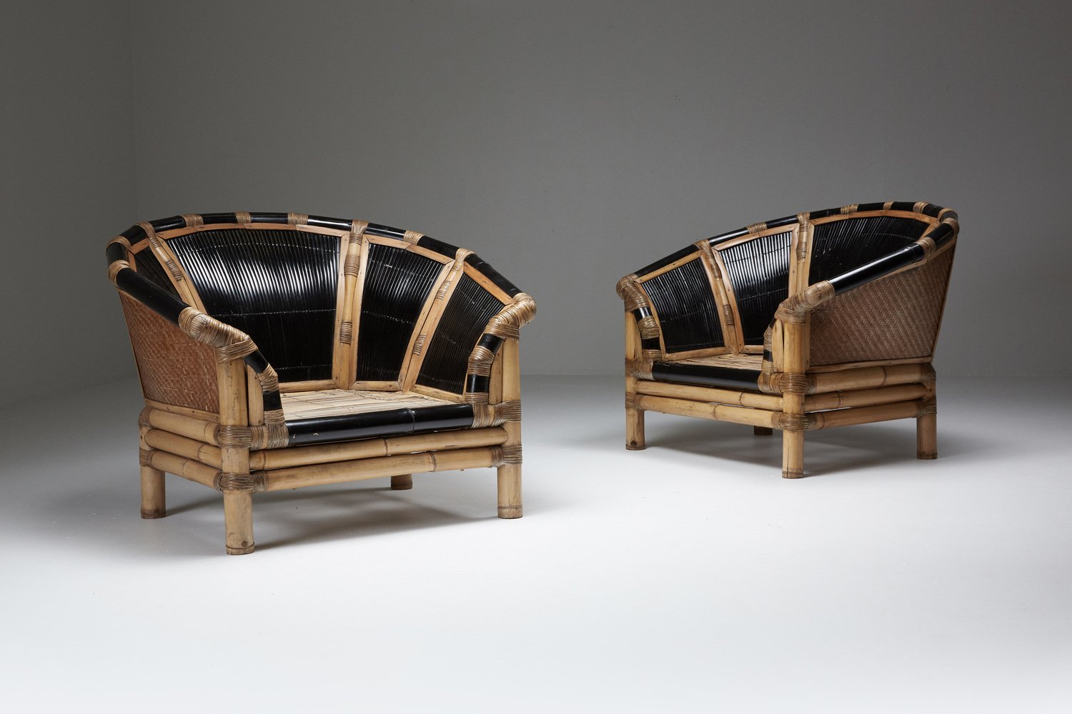 Black and Natural Bamboo and Cane Lounge Chairs, Italy, 1970s, Set of 2