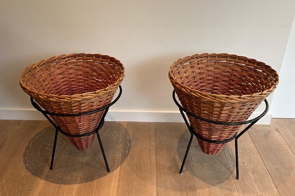 Black and Rattan Lacquered Metal Planters, 1950s, Set of 3-BA-1598978