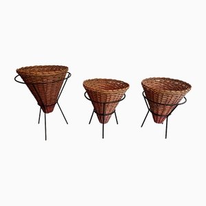 Black and Rattan Lacquered Metal Planters, 1950s, Set of 3-BA-1598978