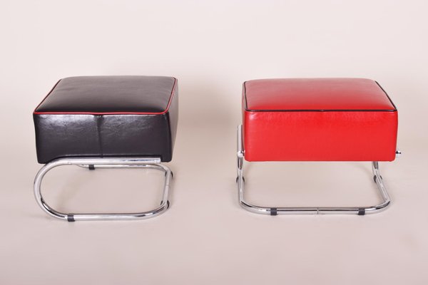 Black and Red Leather and Tubular Steel Footstools, 1930s, Set of 2-WHY-588876