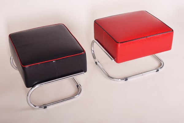 Black and Red Leather and Tubular Steel Footstools, 1930s, Set of 2-WHY-588876