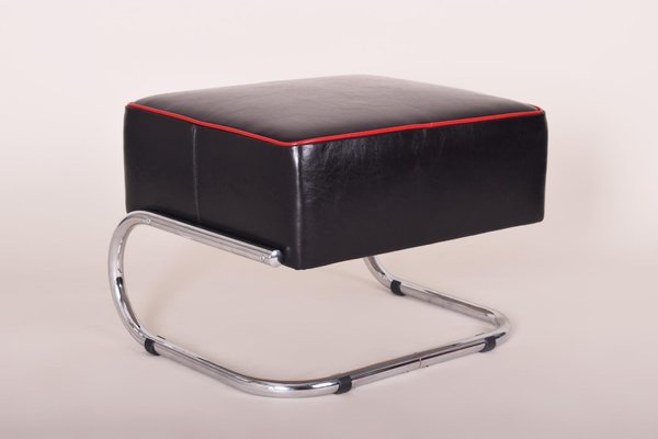 Black and Red Leather and Tubular Steel Footstools, 1930s, Set of 2-WHY-588876