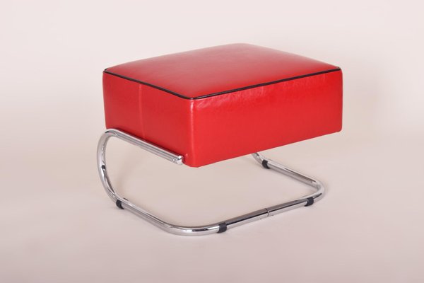 Black and Red Leather and Tubular Steel Footstools, 1930s, Set of 2-WHY-588876