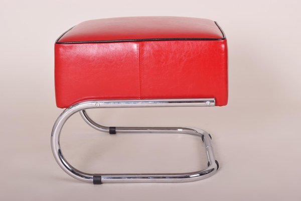 Black and Red Leather and Tubular Steel Footstools, 1930s, Set of 2-WHY-588876