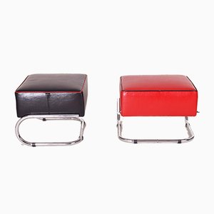 Black and Red Leather and Tubular Steel Footstools, 1930s, Set of 2-WHY-588876