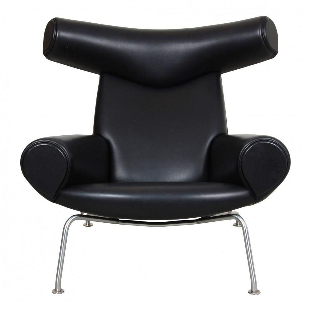 Black Aniline Leather EJ-100 Ox Chair by Hans J. Wegner for Erik Jørgensen, 1960s