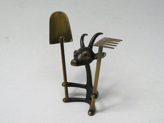 Black Cactus Cutlery Billy Goat with Small Shovel and Rake in Brass by Walter Bosse, 1950s