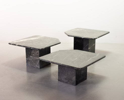 Black Carrara Marble Side Tables with Oblique Angles, Italy, 1970s, Set of 3-IXC-1409614