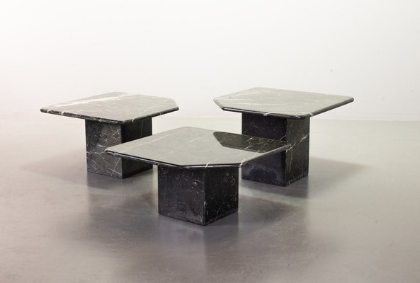 Black Carrara Marble Side Tables with Oblique Angles, Italy, 1970s, Set of 3-IXC-1409614