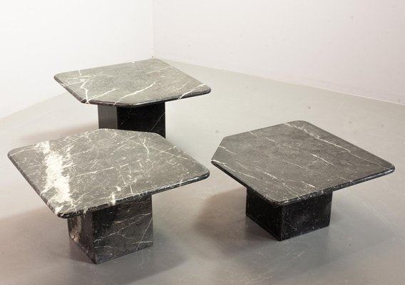 Black Carrara Marble Side Tables with Oblique Angles, Italy, 1970s, Set of 3-IXC-1409614