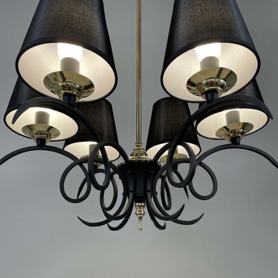 Black Cast Iron and Brass Chandelier from Jean Royere, France, 1950s-OE-1735677