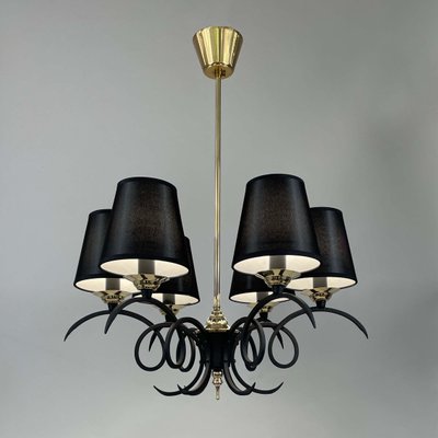 Black Cast Iron and Brass Chandelier from Jean Royere, France, 1950s-OE-1735677