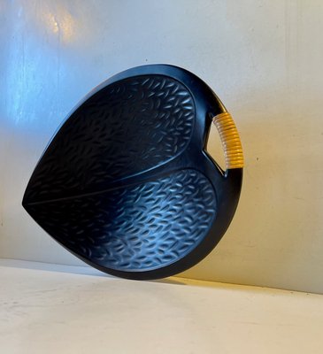 Black Ceramic Leaf Dish with Rattan by Ivar Jensen for Hedehus Keramik, 1960s-LCR-1228770