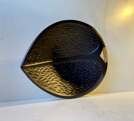 Black Ceramic Leaf Dish with Rattan by Ivar Jensen for Hedehus Keramik, 1960s-LCR-1228770