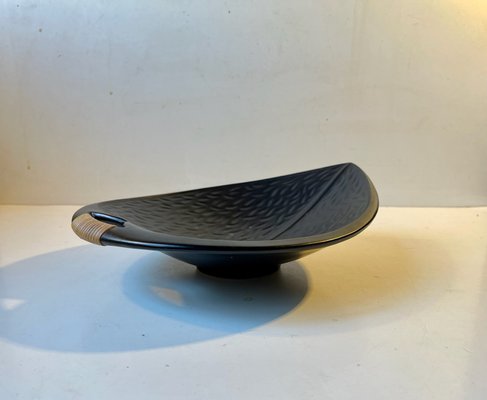 Black Ceramic Leaf Dish with Rattan by Ivar Jensen for Hedehus Keramik, 1960s-LCR-1228770