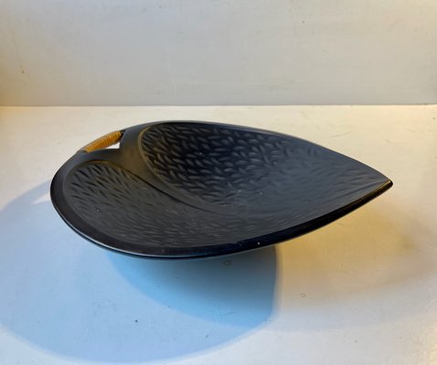 Black Ceramic Leaf Dish with Rattan by Ivar Jensen for Hedehus Keramik, 1960s-LCR-1228770