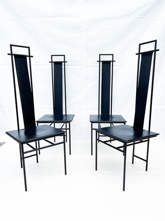 Black Chairs in Leather and Metal by Enrico Pellizzoni, 1980s, Set of 4