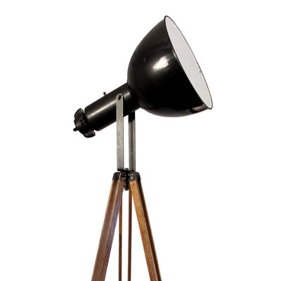 Black Enamel Vintage Industrial Spotlight on Wooden Tripod-BLS-740719