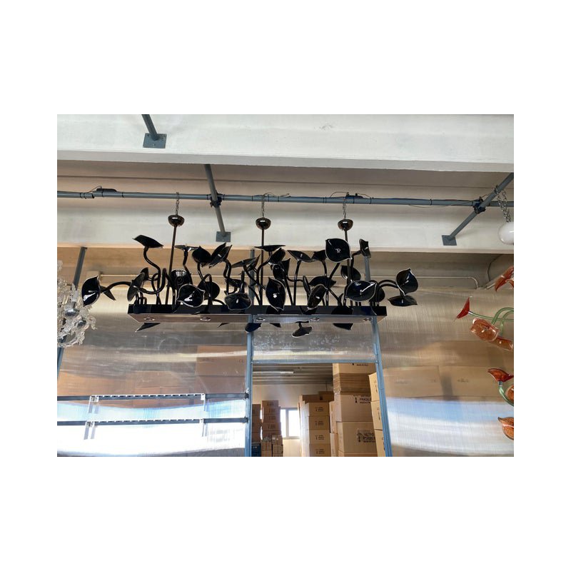 Black Flowers and Leaves Rectangular Murano Glass Chandelier by Simoeng