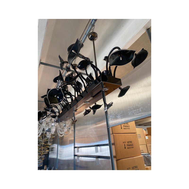 Black Flowers and Leaves Rectangular Murano Glass Chandelier by Simoeng