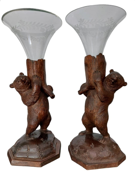 Black Forest Bears with Vases Glass in Their Hands, 1920s, Set of 2