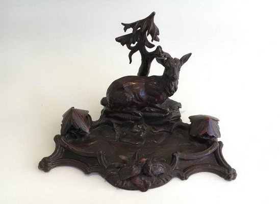 Black Forest Carved Wood Inkwell of Deer and Birds in the Forest, 1800s-BA-658346