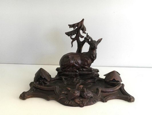 Black Forest Carved Wood Inkwell of Deer and Birds in the Forest, 1800s