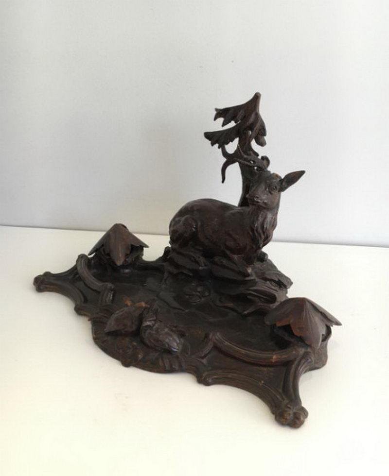 Black Forest Carved Wood Inkwell of Deer and Birds in the Forest, 1800s