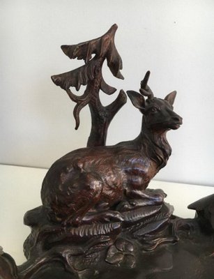 Black Forest Carved Wood Inkwell of Deer and Birds in the Forest, 1800s-BA-658346