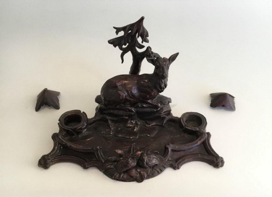 Black Forest Carved Wood Inkwell of Deer and Birds in the Forest, 1800s