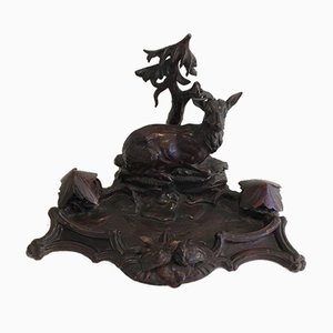 Black Forest Carved Wood Inkwell of Deer and Birds in the Forest, 1800s-BA-658346