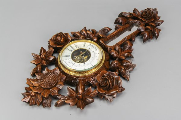 Black Forest Style Carved Walnut Barometer, Germany, 1920s-KEG-1721358