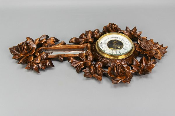 Black Forest Style Carved Walnut Barometer, Germany, 1920s-KEG-1721358