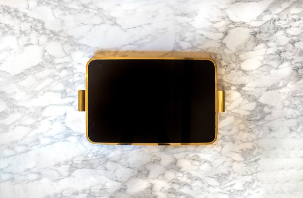 Black Glass Top & Gilded Metal Tray, Italy, 1970s-VCV-1134301