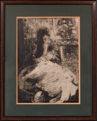 Black Graphite of Crayon Lady Sewing on Paper-AOI-1311633