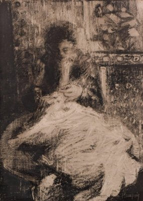 Black Graphite of Crayon Lady Sewing on Paper-AOI-1311633