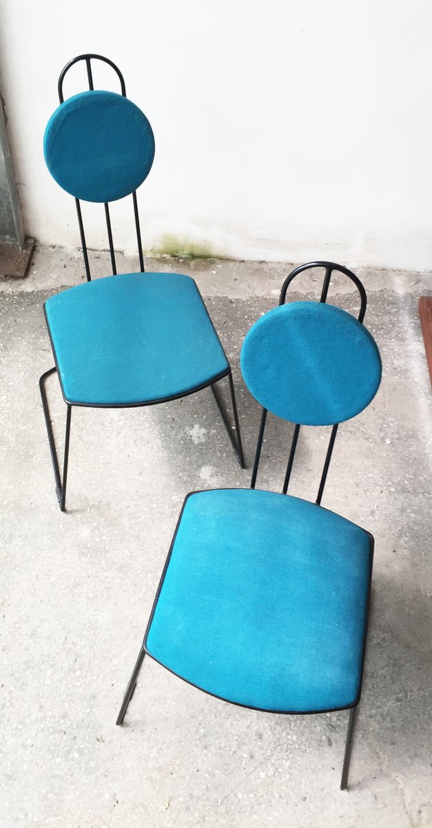 Black Iron Rod Geometric Structure & Blue Cotton Fabric Seats, 1960s, Set of 2