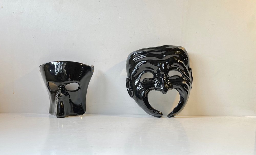 Black Italian Masquerade Face or Wall Masks by Cadoro Venezia, 1982, Set of 2