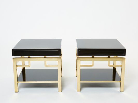 Black Lacquer and Brass 2-Tier Nightstands by Guy Lefevre for Maison Jansen, 1970s, Set of 2-YJA-1132199