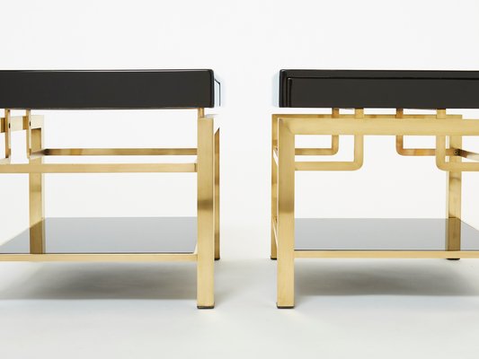 Black Lacquer and Brass 2-Tier Nightstands by Guy Lefevre for Maison Jansen, 1970s, Set of 2-YJA-1132199