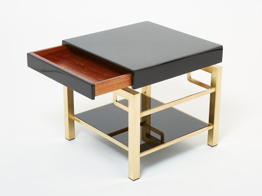 Black Lacquer and Brass 2-Tier Nightstands by Guy Lefevre for Maison Jansen, 1970s, Set of 2-YJA-1132199