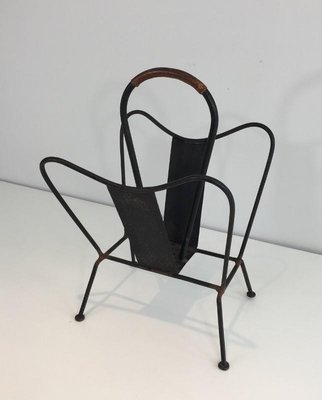 Black Lacquered and Brown Leather Magazine Rack attributed to Jacques Adnet, France, 1940s-BA-658567