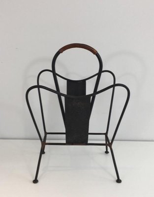 Black Lacquered and Brown Leather Magazine Rack attributed to Jacques Adnet, France, 1940s-BA-658567