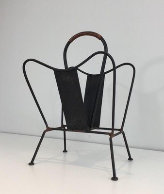 Black Lacquered and Brown Leather Magazine Rack attributed to Jacques Adnet, France, 1940s-BA-658567