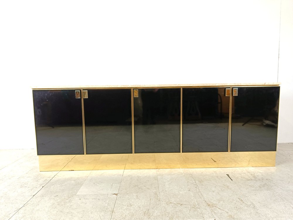 Black Lacquered and Travertine Credenza, 1980s