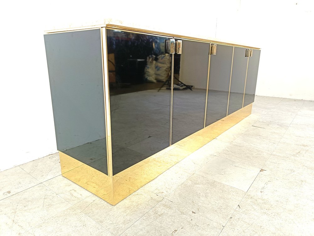 Black Lacquered and Travertine Credenza, 1980s