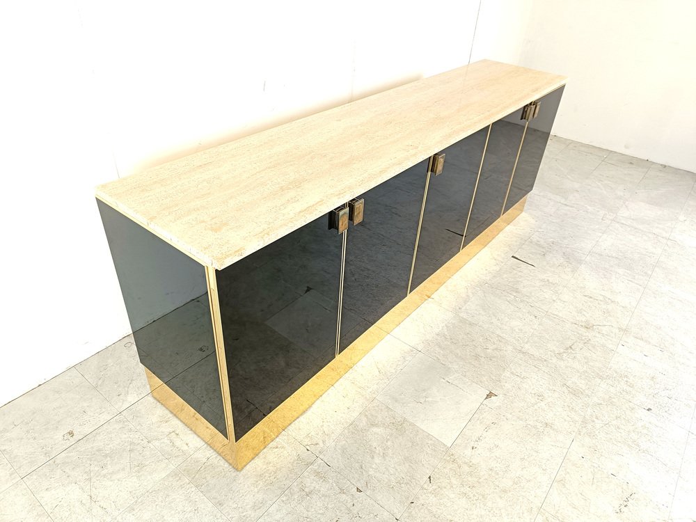 Black Lacquered and Travertine Credenza, 1980s